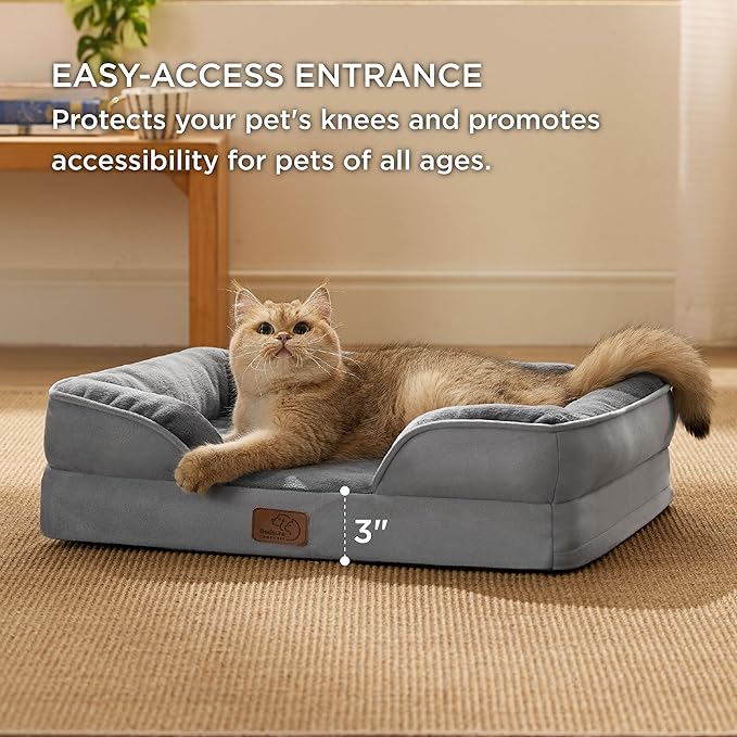 Bedsure Cat Beds for Indoor Cats - Washable Bolster Dog Sofa Beds for Extra Small Dogs, Supportive Foam Pet Couch Bed with Removable Washable Cover, Waterproof Lining and Nonskid Bottom, Grey