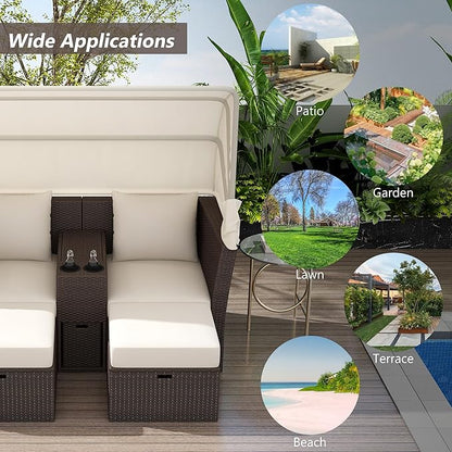 2-Seater Outdoor Patio Convertible Sunbed, All Weather Rattan Double Daybed Couch Foldable Awning, Cushions and Storage Boxes, Loveseat Sofa Set for Garden, Poolside, Balcony, Ab-Beige