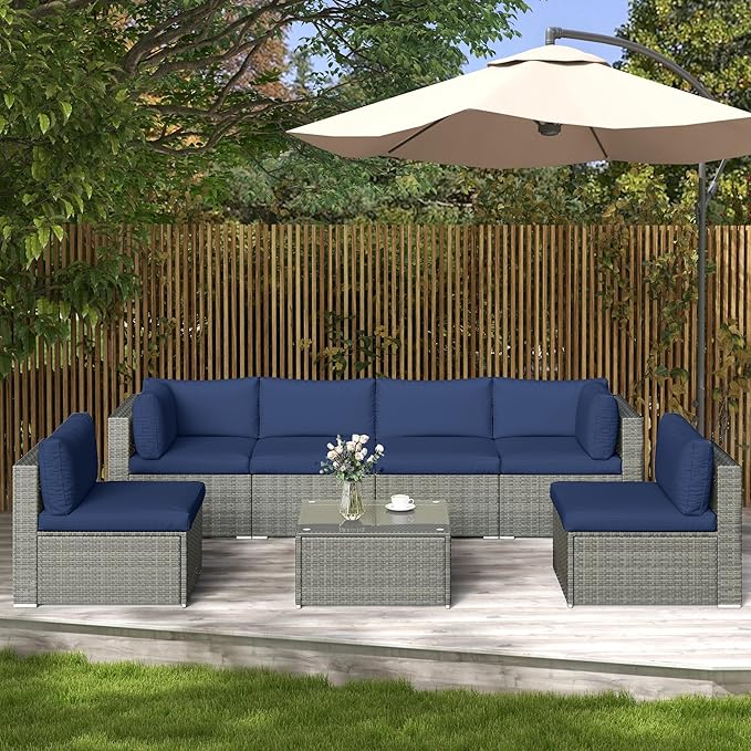 SUNVIVI OUTDOOR 7 Piece Patio Furniture Sets All Weather Gery PE Wicker Couch Sofa with Glass Table, Removable Navy Cushions