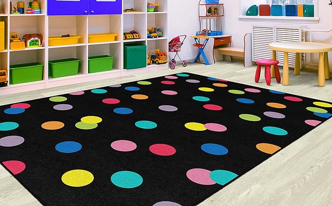 Flagship Carpets Schoolgirl Style Just Teach Rainbow Polka Dots Classroom Area Rug for Indoor Classroom Learning or Kid Bedroom Educational Play Mat, 5'x7'6", Multi