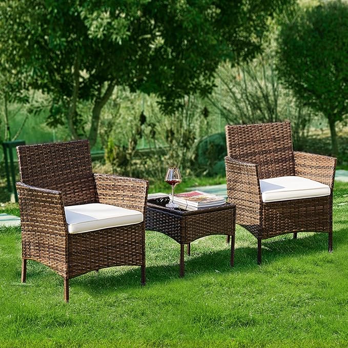 DUMOS Set 3 Pieces Outdoor Furniture with Soft Cushion and Glass Table, All Weather Manual Weaving Wicker Rattan Patio Chairs for Garden, Terrace, Porch, Lawns, Brown