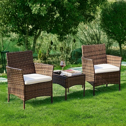 DUMOS Set 3 Pieces Outdoor Furniture with Soft Cushion and Glass Table, All Weather Manual Weaving Wicker Rattan Patio Chairs for Garden, Terrace, Porch, Lawns, Brown