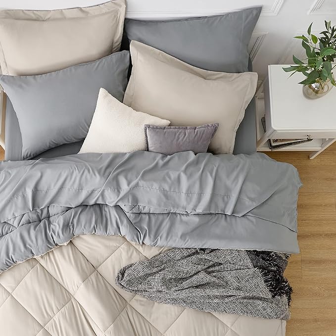 Bedsure Beige Twin XL Comforter Sets - 5 Pieces Reversible Twin XL Bedding Sets, Bed Sets Comforters, Sheets, Pillowcase & Sham, Grey XL Twin Bed in a Bag for College