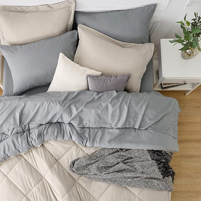 Bedsure Beige Twin XL Comforter Sets - 5 Pieces Reversible Twin XL Bedding Sets, Bed Sets Comforters, Sheets, Pillowcase & Sham, Grey XL Twin Bed in a Bag for College