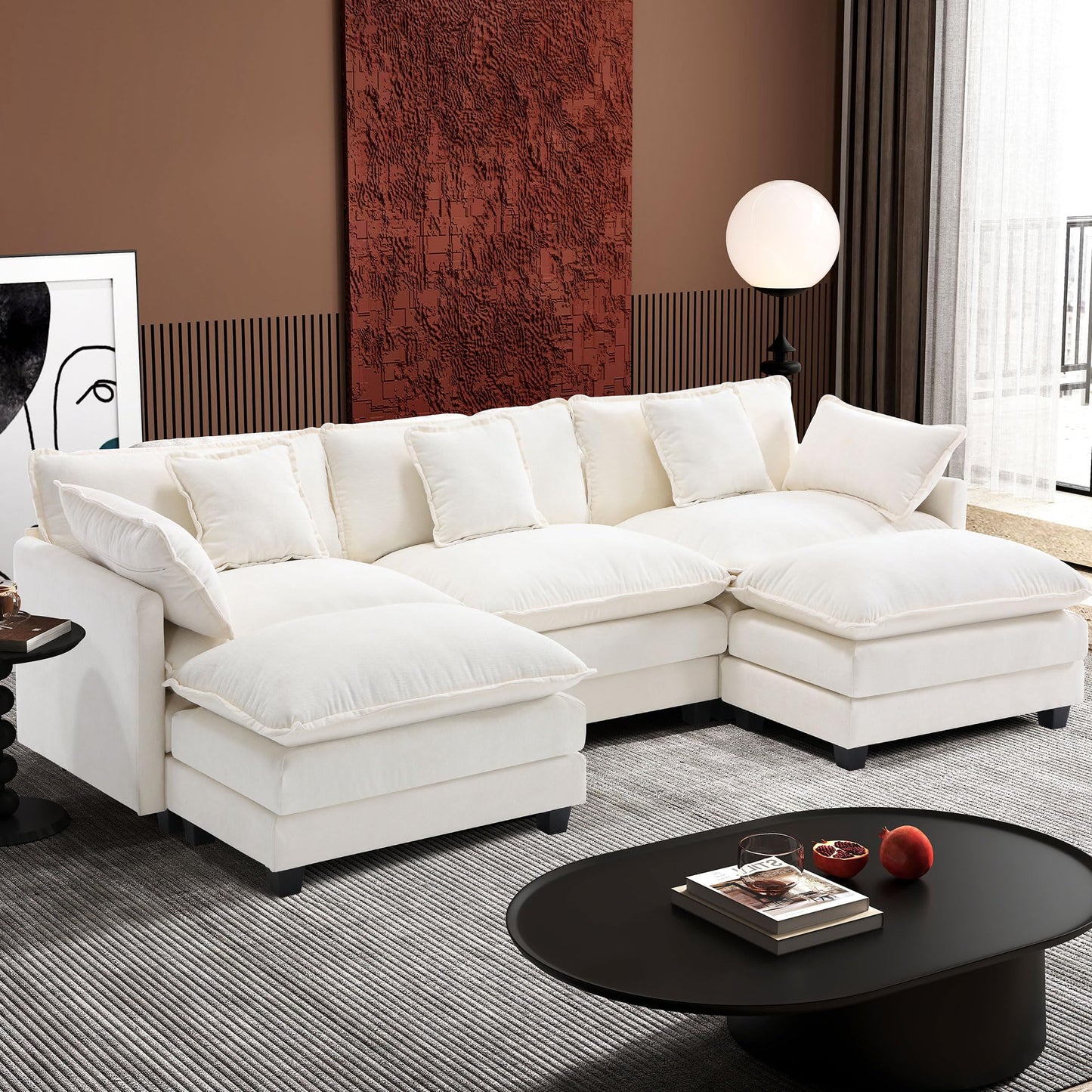 Ihanherry 111.4" L Shaped Modern Sofa Modular Sectional Cloud Couch with Ottoman, 4-Seat Chenille Deep Seat Sofa with Pillow for Living Room, Bedroom and Apartment, Beige