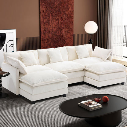 Ihanherry 111.4" L Shaped Modern Sofa Modular Sectional Cloud Couch with Ottoman, 4-Seat Chenille Deep Seat Sofa with Pillow for Living Room, Bedroom and Apartment, Beige