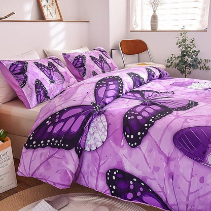 Btargot 3 Piece Purple Butterfly Girls Kids Adults Full Size Comforter Set, Lightweight Soft All Season Bedding Set with 2 Pillowcases