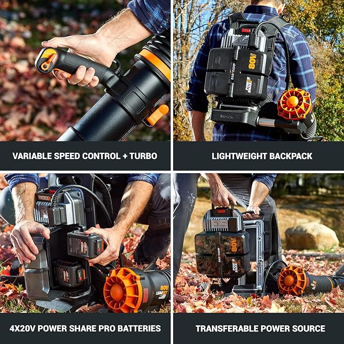 Worx Nitro 80V Cordless Leaf Blower, 800 CFM 150 MPH, Brushless Backpack Electric Leaf Blower WG572, Turbine Fan, Variable Air Control – 4 PowerShare Batteries, Basecamp Charger Included
