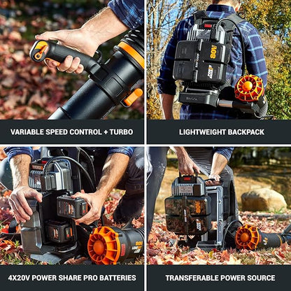 Worx Nitro 80V Cordless Leaf Blower, 800 CFM 150 MPH, Brushless Backpack Electric Leaf Blower WG572, Turbine Fan, Variable Air Control – 4 PowerShare Batteries, Basecamp Charger Included
