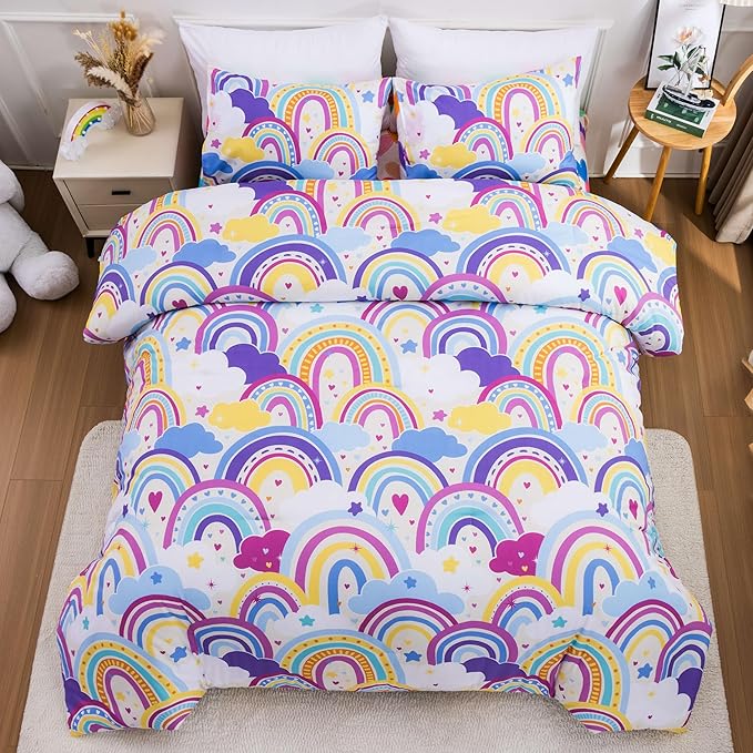 Btargot Lightweight Soft 3 Piece Rainbow Comforter Set with 2 Pillow Covers, Cartoon Love Hearts Flowers and Sun Star Bedding Set for Girls Boys Kids,Queen Light Purple