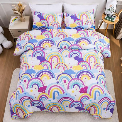 Btargot Lightweight Soft 3 Piece Rainbow Comforter Set with 2 Pillow Covers, Cartoon Love Hearts Flowers and Sun Star Bedding Set for Girls Boys Kids,Queen Light Purple