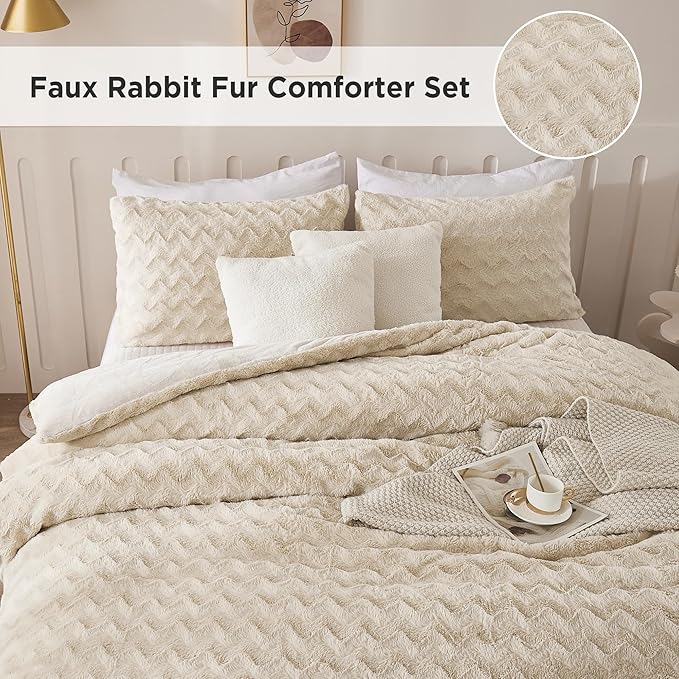 Andency Beige Fleece Comforter Set Full, 3 Pieces Fuzzy Shaggy Faux Fur Bedding Comforter Set, Warm Soft Plush Fluffy Sherpa Bed Comforter Set for Winter