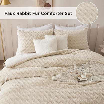 Andency Beige Fleece Comforter Set Full, 3 Pieces Fuzzy Shaggy Faux Fur Bedding Comforter Set, Warm Soft Plush Fluffy Sherpa Bed Comforter Set for Winter