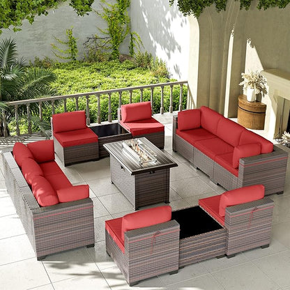Kullavik 13 Pieces Outdoor Patio Furniture Set with 43" 55000BTU Gas Propane Fire Pit Table PE Wicker Rattan Sectional Sofa Patio Conversation Sets,Red