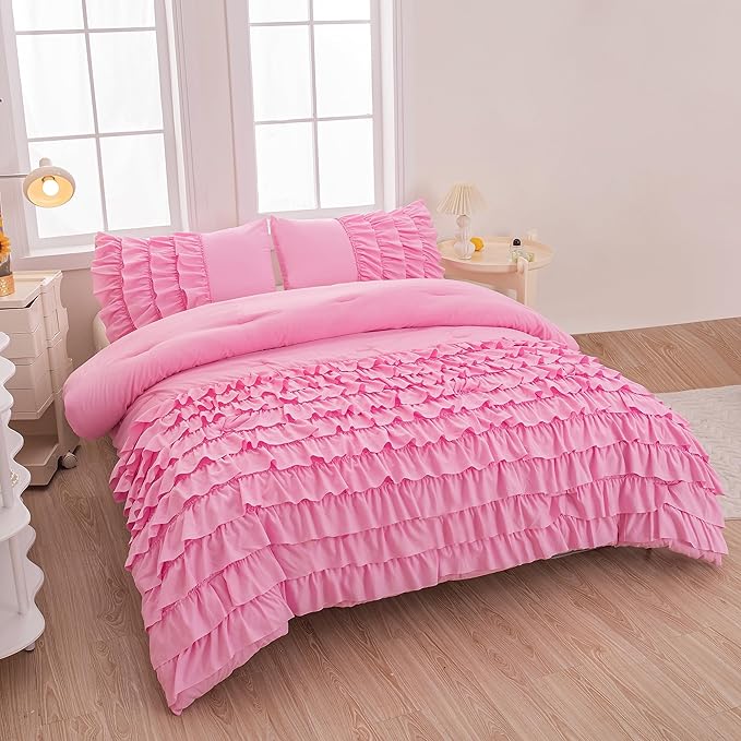 Pink Comforter Queen Set for Girls, 3 Pieces Lightweight and Soft Comforter (1 Ruffle Comforter and 2 Pillowcases), All Season Use Microfiber Bedding Comforter Set