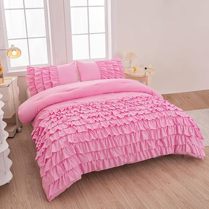 Girls Comforter Sets Full, Multi-Layers Ruffled Full Size Bedding Set for Girls, Pink Full size Comforter Set for Girls, 5 Pcs Bed in a Bag for Girls, Teen Comforter Set for Girls