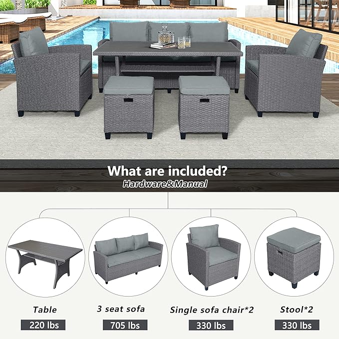 6-Piece Patio Furniture Set with Dining Table, Outdoor Garden Sectional Sofa, All-Weather Wicker Conversation Couch with Chairs, Stools and Cushions, Onesize, Gray Rattan