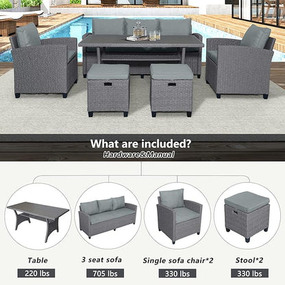 6-Piece Patio Furniture Set with Dining Table, Outdoor Garden Sectional Sofa, All-Weather Wicker Conversation Couch with Chairs, Stools and Cushions, Onesize, Gray Rattan