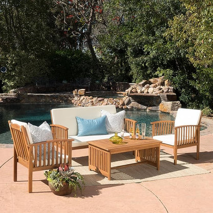 Christopher Knight Home Carolina Outdoor Acacia Sofa Set, 4-Pcs Set, Brown Patina + Cream Cushion