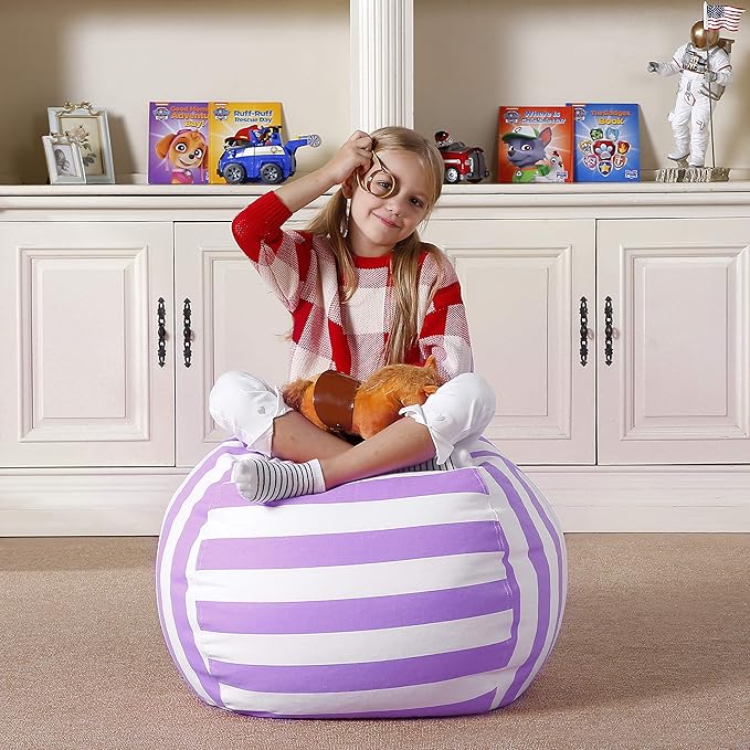 Aubliss Stuffed Animal Bean Bag Storage Chair (Purple/White Striped, Medium (32''))