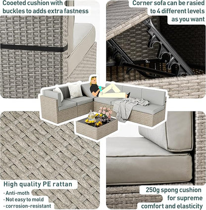 Pamapic Patio Furniture Set, 7 Pieces Modular Outdoor Sectional,Wicker Patio Sectional Sofa Conversation Set, Rattan Sofa with Coffee Table and Washable Cushions Covers, Grey Rattan(Grey Cushions)