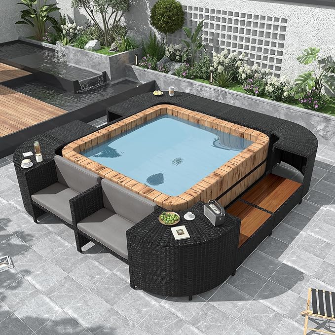Outdoor Spa Surround Set Patio Furniture with Storage Space, Wood Seatings and Waterproof Cushions, Quadrilateral Rattan Sectional Sofa, for Backyard Deck Poolside, Onesize, Grey