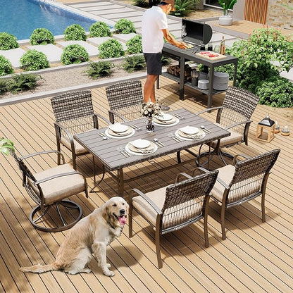 Pamapic 7 Piece Patio Dining Set for 6,Wicker Outdoor Furniture Set for Backyard Garden Deck Poolside with Iron Slats Table Top,4 Dining Chairs and 2 Swivel Rockers,Removable Cushions(Gray)