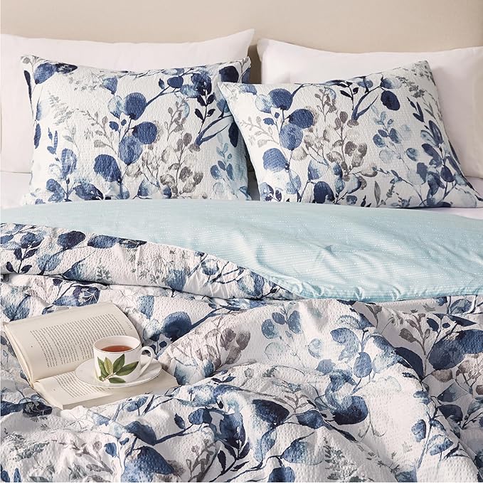 Codi Floral Queen Comforter Set for Womens, Spring Lavender Bedding Sets with Soft Seersucker 3pcs - 1 Flower Comforters and 2 Pillows Case, Blue
