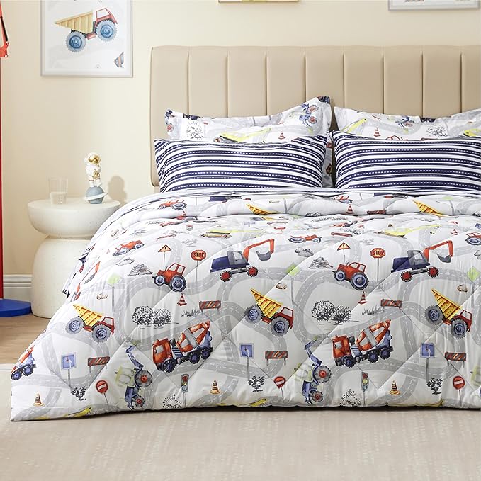 Truck Twin Comforter Set for Boys,5 Pieces Kids Bedroom Bedding Set with Sheets and Pillowcase,Super Soft Lightweight for All Seasons,Car,Machine Washable