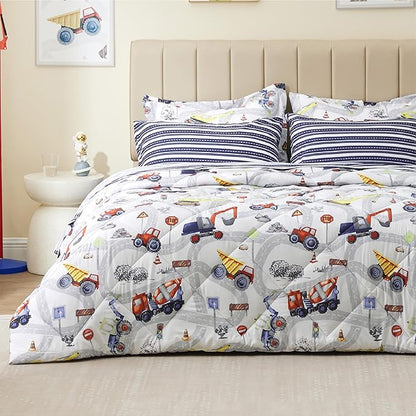 Truck Twin Comforter Set for Boys,5 Pieces Kids Bedroom Bedding Set with Sheets and Pillowcase,Super Soft Lightweight for All Seasons,Car,Machine Washable