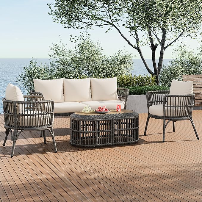 Furniture 4-Piece Outdoor Patio Conversation Seating for 5 Person and Coffee Table, Rattan Chair Wicker Sofa Bistro Sets for Porch, Backyard and Garden, Grey
