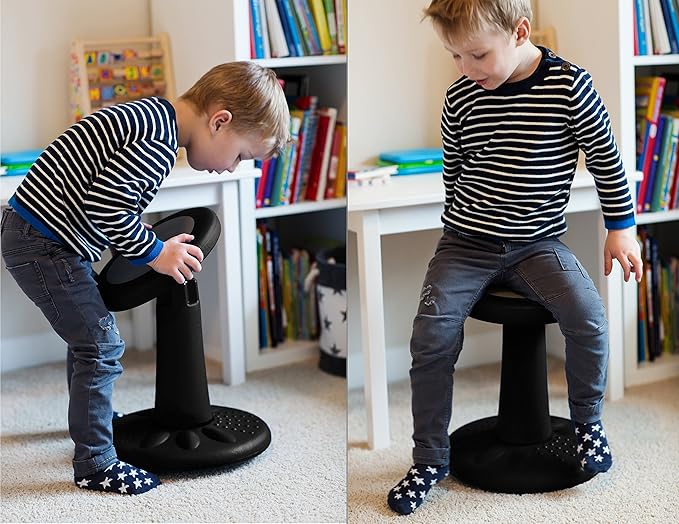 Studico ActiveChairs Kids Wobble Chair, Flexible Preschool & Elementary Classroom Seating, Improves Focus, Posture & Helps ADHD/ADD, Sensory Chair, [Active Fidget Chairs], 14" Stool, Ages 3-7, Black