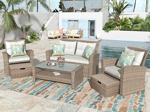 Set, 4 Piece Outdoor Wicker Rattan Sectional Sofa with Glass Table, Ottoman and Soft Cushions, Front Porch Apartment Patio Furniture for Backyard Lawn Garden, E-Beige b