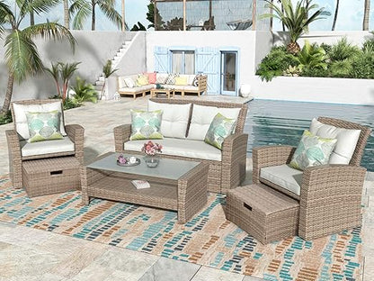 Set, 4 Piece Outdoor Wicker Rattan Sectional Sofa with Glass Table, Ottoman and Soft Cushions, Front Porch Apartment Patio Furniture for Backyard Lawn Garden, E-Beige b