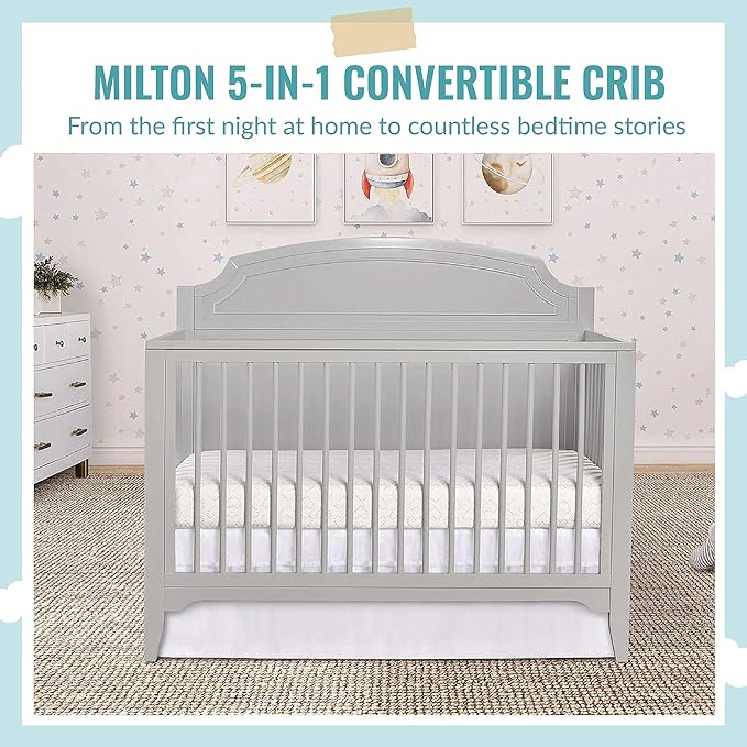 JPMA & Greenguard Gold Certified Milton 5-in-1 Convertible Crib Made with Sustainable New Zealand Pinewood in Pebble Grey, Non-Toxic Finish