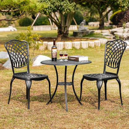 Black Cast Aluminum Bistro Set 3 Piece Outdoor,Small Patio Table and Chairs with Umbrella Hole,Outdoor Bistro Set for Front Porch Set Woven Patio Set for Garden,Yard(Black)