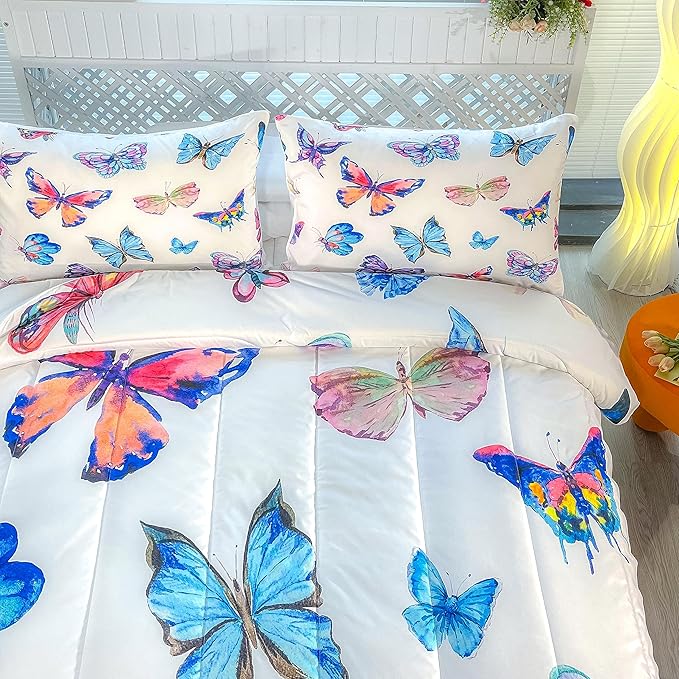CVHOUSE Bedding Set, Full Size, Butterfly Design for Girls Kids Teens, 3Pcs Including Comforter and 2 Pillowcases