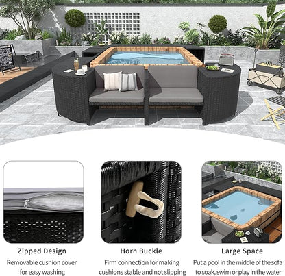 Outdoor Patio Furniture Set Spa Surround Quadrilateral Sofa with Wood Seatings, Rattan Sectional Couch w/Storage Space and Waterproof Cushions, for Yard Pool Backyard, Grey