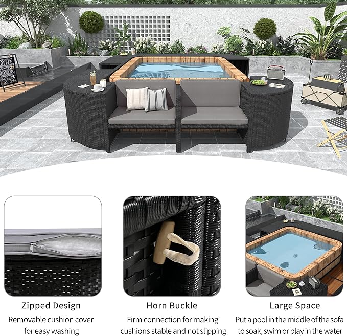 Outdoor Spa Surround Set Patio Furniture with Storage Space, Wood Seatings and Waterproof Cushions, Quadrilateral Rattan Sectional Sofa, for Backyard Deck Poolside, Onesize, Grey