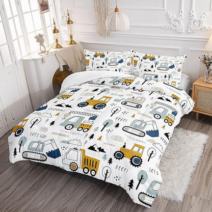 Datura home Kids Cartoon Excavator Bedding Comforter Sets for Boy and Girls,Construction Truck Bulldozer Tree Pattern Comforter Set with 2 Pillowcase and 1 Comforter(Excavator Queen)