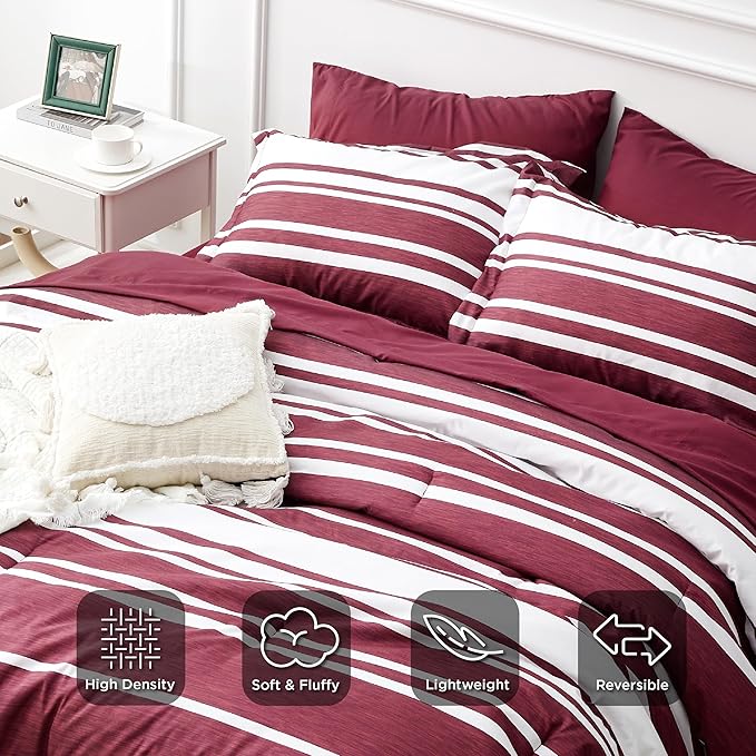 Bedsure Bed in a Bag California King Size 7-Piece Burgundy White Striped Bedding Comforter Sets All Season Bed Set, 2 Pillow Shams, Flat Sheet, Fitted Sheet and 2 Pillowcases
