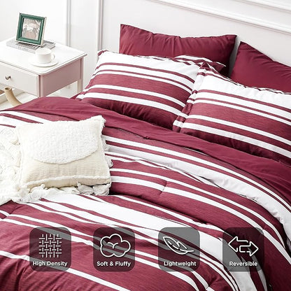 Bedsure Bed in a Bag California King Size 7-Piece Burgundy White Striped Bedding Comforter Sets All Season Bed Set, 2 Pillow Shams, Flat Sheet, Fitted Sheet and 2 Pillowcases