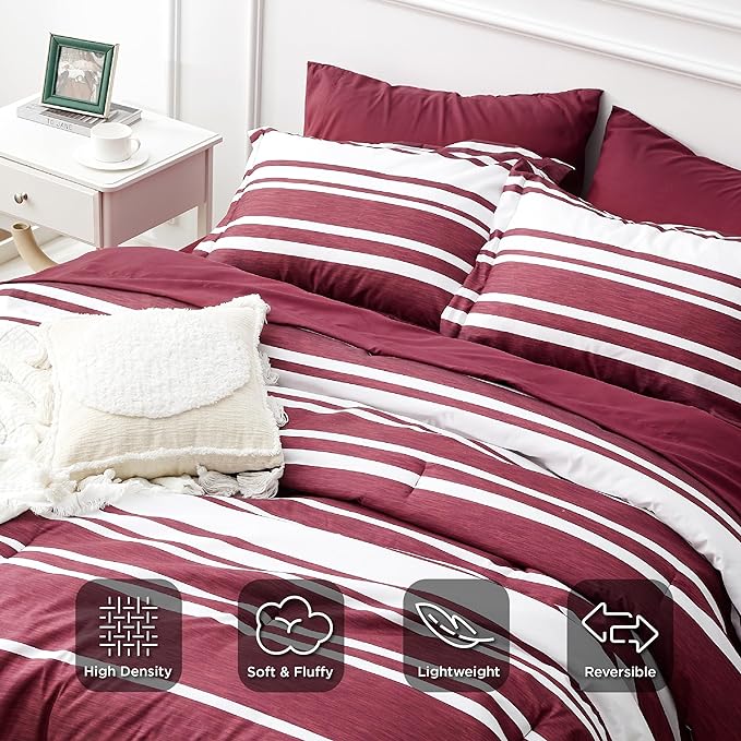 Bedsure Bed in a Bag Twin Size 5-Piece Burgundy White Striped Bedding Comforter Sets All Season Bed Set with 1 Pillow Sham, Flat Sheet, Fitted Sheet and 1 Pillowcase