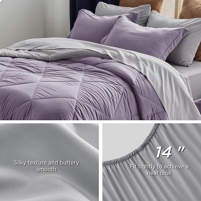 Bedsure Grayish Purple Twin XL Comforter Set - 5 Pieces Reversible Twin XL Bed in a Bag, Twin XL Bed Set Grayish Purple and Grey with Comforters, Sheets, Pillowcase & Sham