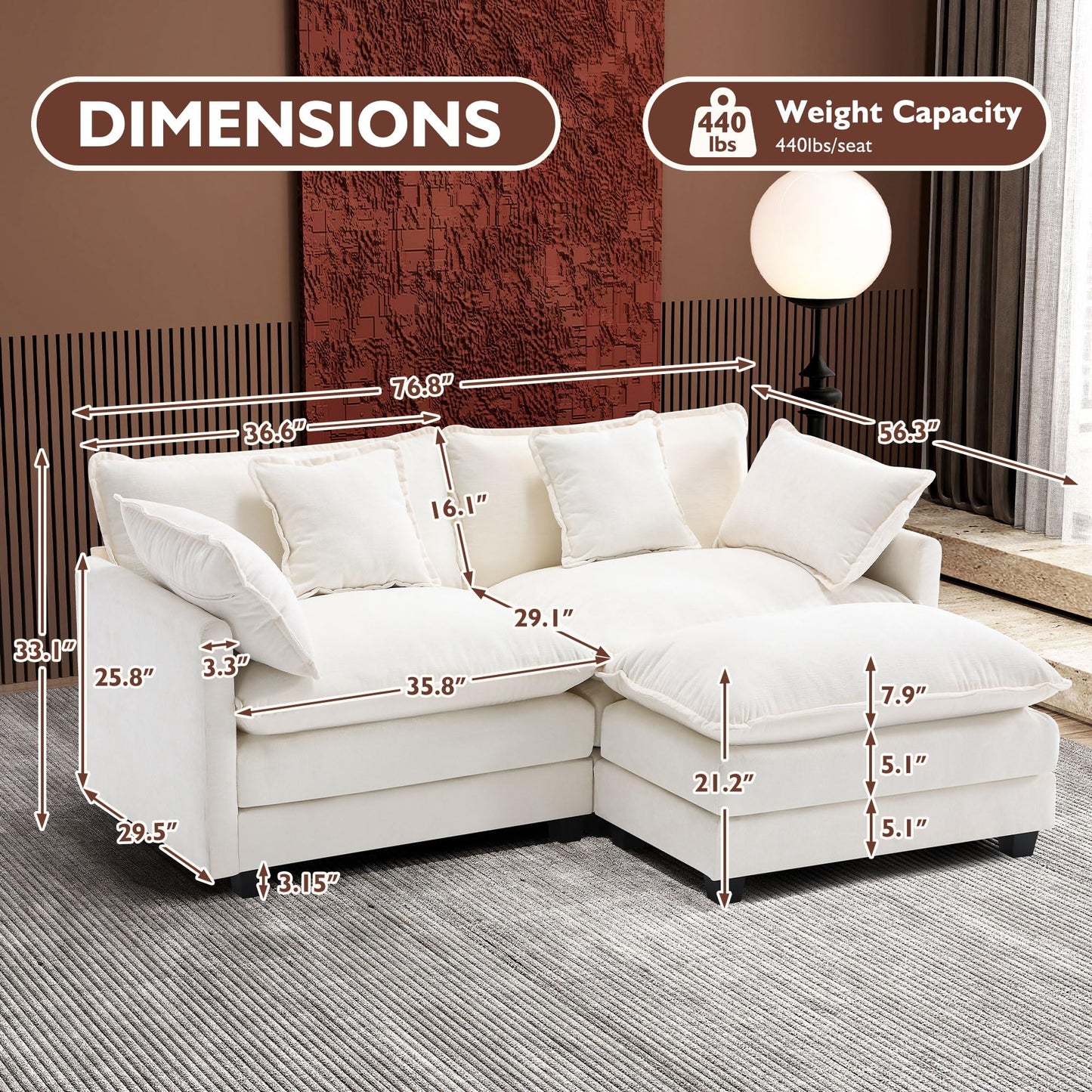 Ihanherry 111.4" L Shaped Modern Sofa Modular Sectional Cloud Couch with Ottoman, 4-Seat Chenille Deep Seat Sofa with Pillow for Living Room, Bedroom and Apartment, Beige