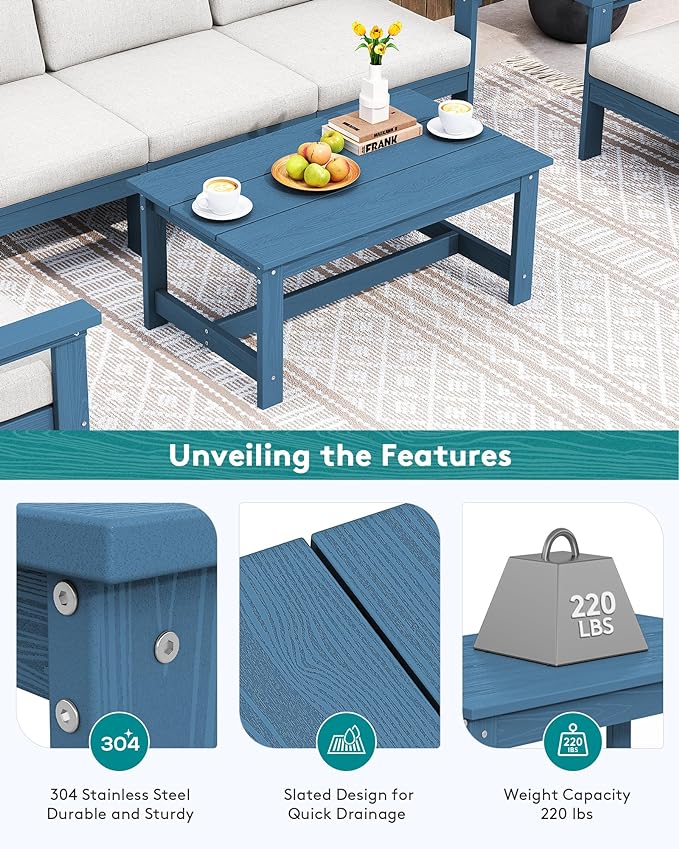 SERWALL HDPE Patio Coffee Table for Balcony, Deck, Blue