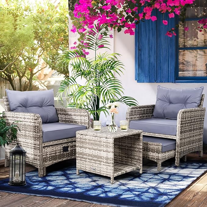 Pamapic 5 Pieces Wicker Patio Furniture Set Outdoor Patio Chairs with Ottomans Conversation Furniture with coffetable for Poorside Garden Balcony(Purple Cushion + Grey Ratten)…