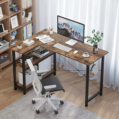 COTUBLR L Shaped Computer Desk, 47 Inch Small Corner Desk with Storage Shelves, Computer Desk Table Laptop Table Writing Desk Study Table for Home Office Workstation Small Spaces (Rustic Brown)