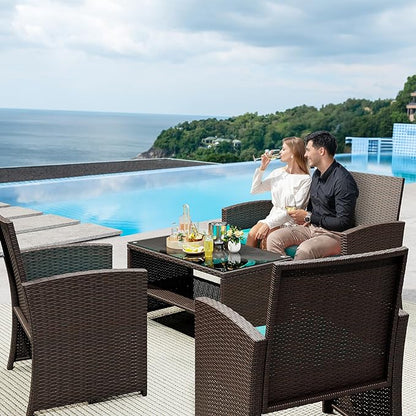 YITAHOME Patio Furniture Wicker Outdoor Bistro Set, 4-Piece All Weather Rattan Conversation Loveseat for Backyard, Balcony and Deck w/Soft Cushions and Metal Coffee Table (Brown+Blue)