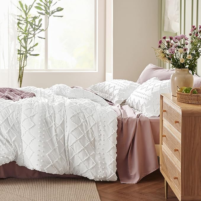 Bedsure Twin/Twin XL Comforter Set - Ivory Boho Twin Extra Long Comforter Set for College, Shabby Chic Dorm Bedding Set, 2 Pieces Modern Farmhouse Bed Set, includes 1 Pillow Sham